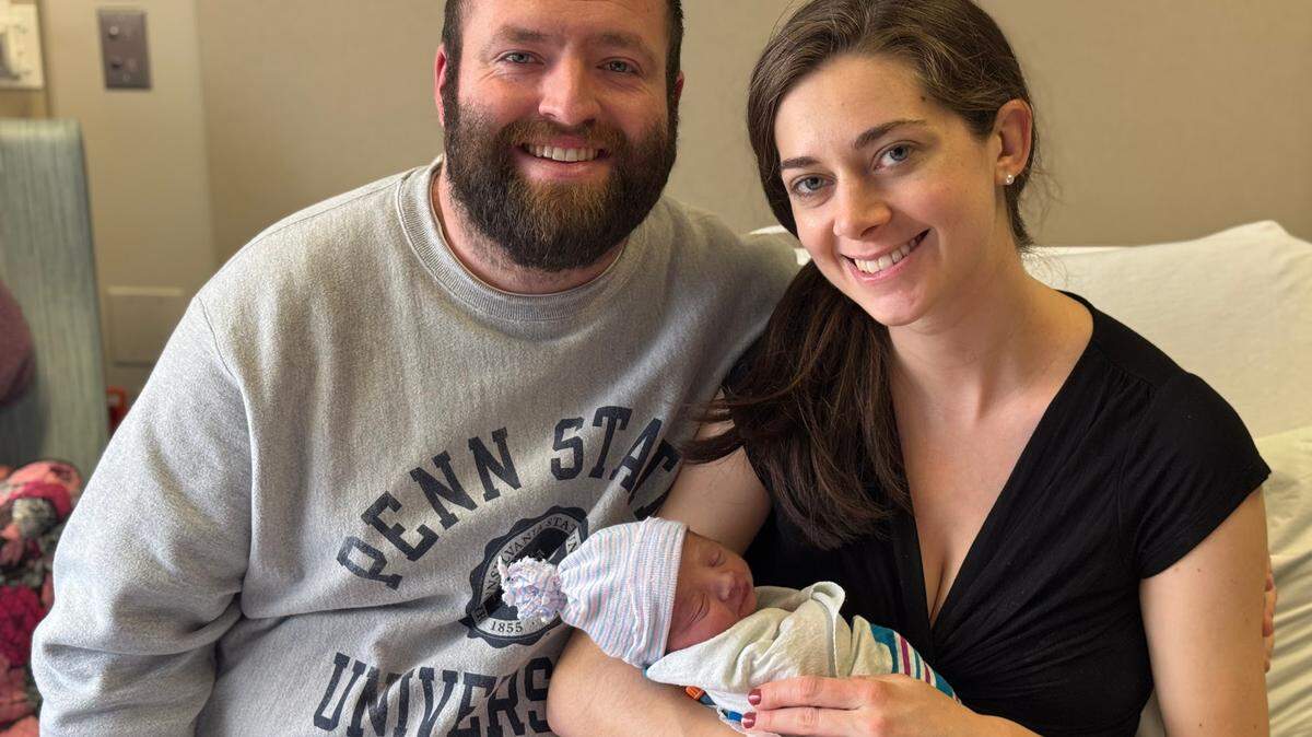 New parents Kristen and Dakoda Smeltz, of Lewistown, with their baby boy born on Jan. 2, 2025. He is the first baby of the New Year at Mount Nittany Health.