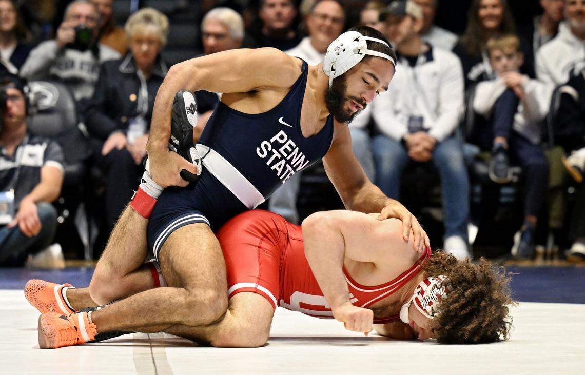 Penn State’s Shayne Van Ness controls Indiana’s Joey Buttler in the 149 lb bout of the match on Friday, Jan. 23, 2026.