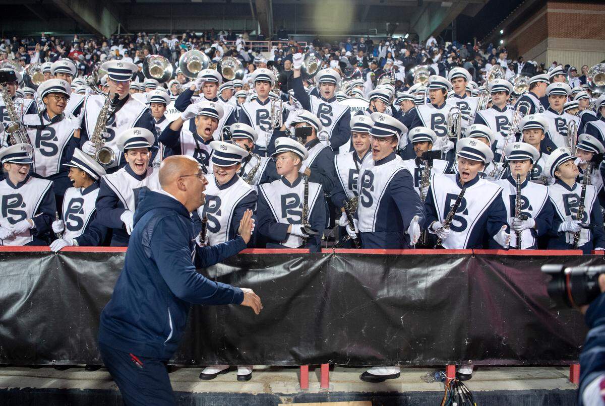 Penn State football coach James Franklin thanks the blue band after the win over Maryland on Saturday, Nov. 6, 2021.