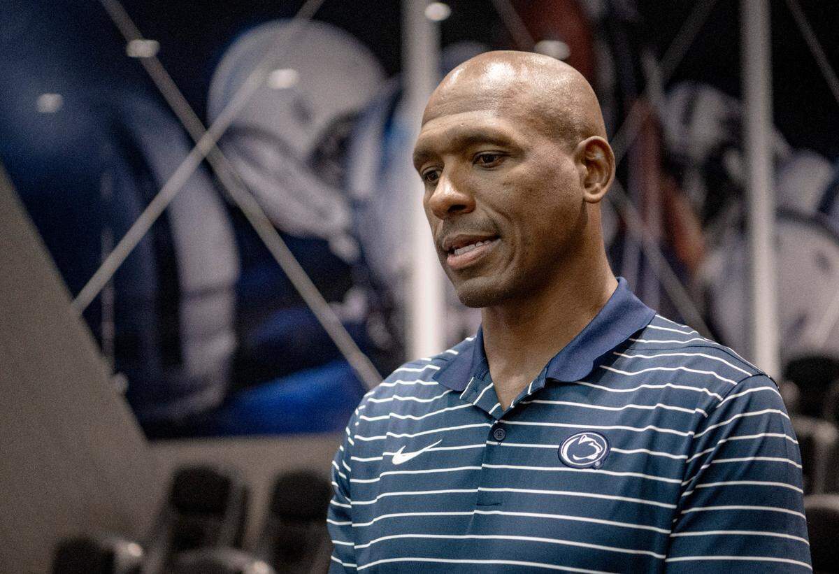 Penn State co-defensive coordinator and safeties coach Anthony Poindexter talks to the media on Thursday, June 8, 2023 in the Lasch Building.