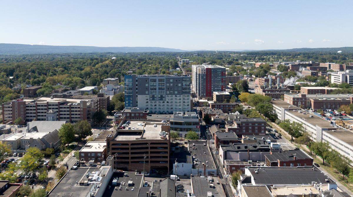 An aerial view of the west side of downtown State College on Wednesday, Sept. 3, 2025. 