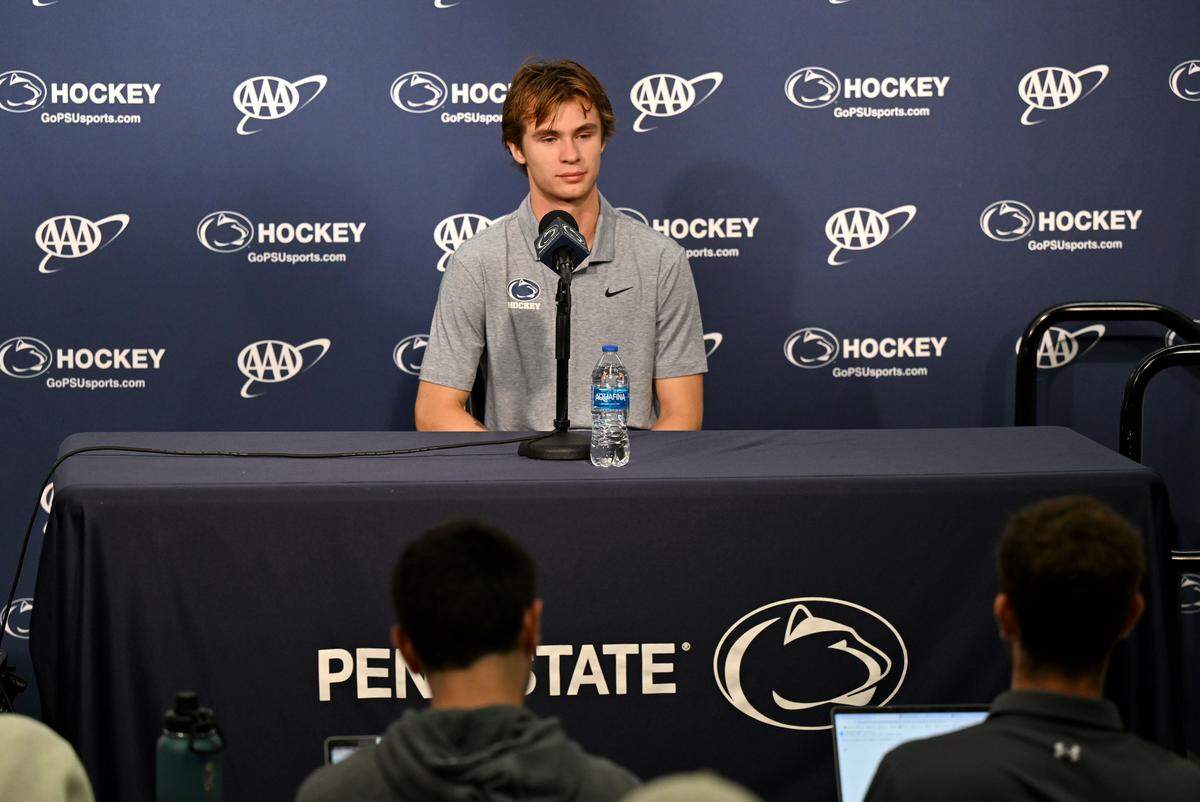 Penn State men’s hockey player Gavin McKenna answers questions during media day on Monday, Sept. 29, 2025.