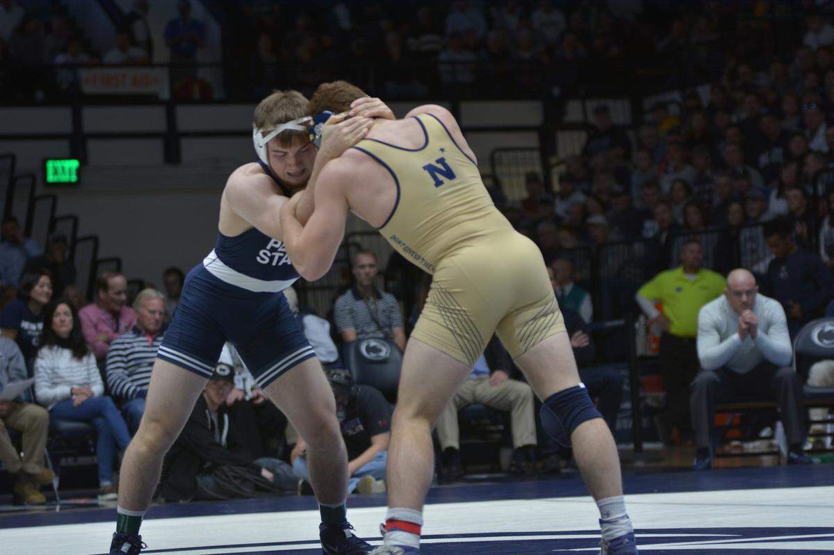 Penn State’s Creighton Edsell made his Rec Hall debut on Sunday at 184 pounds against Navy’s Andrew Buckley. Edsell won 5-2.