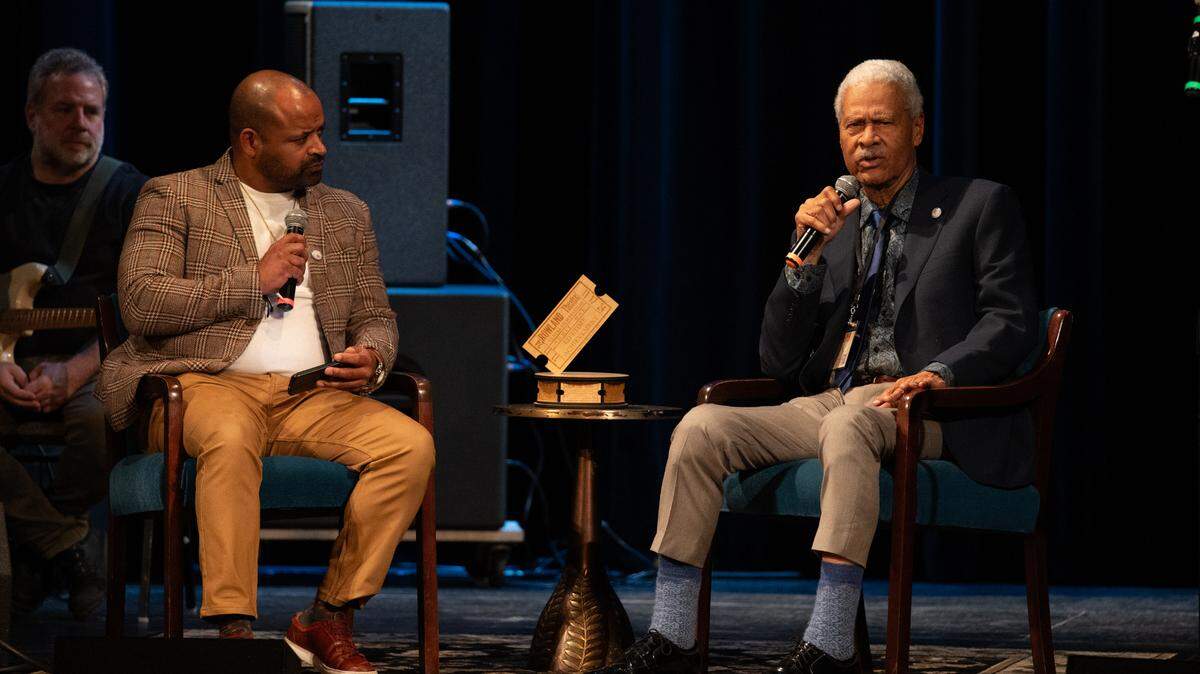 Herb Newsome, left, and Charles Dumas, right, speak during a Q&A on Nov. 17 at Centre Film Festival’s award ceremony. Dumas received the Lifetime Achievement Award.