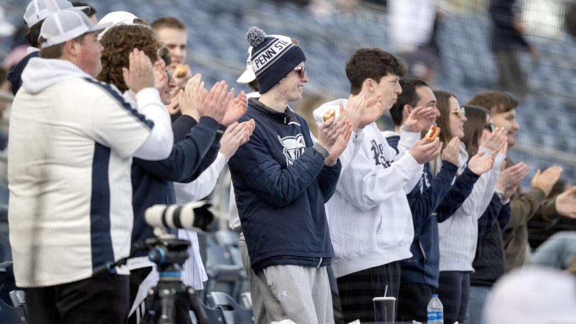 Penn State students cheer on the Nittany Lions baseball team as they enjoy dollar dog night Tuesday, March 24, 2026.
