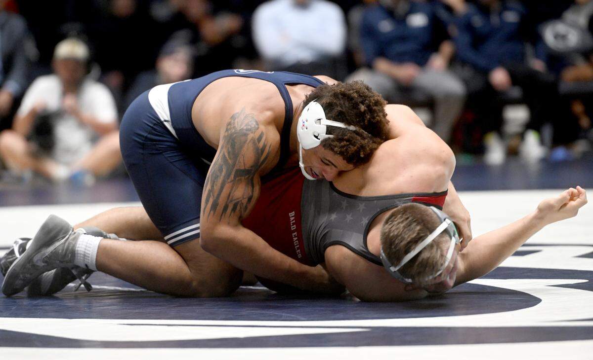 Penn State’s Greg Kerkvliet controls Lock Haven’s Ethan Miller in the 285 lb bout of the match on Friday, Nov. 11, 2022. Kerkvliet won by fall at 1:36.