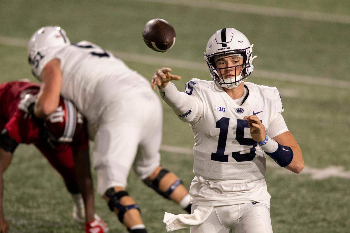 Penn State quarterback Drew Allar (15) makes a pass during the second half of an NCAA college football game against Indiana, Saturday, Nov. 5, 2022, in Bloomington, Ind.