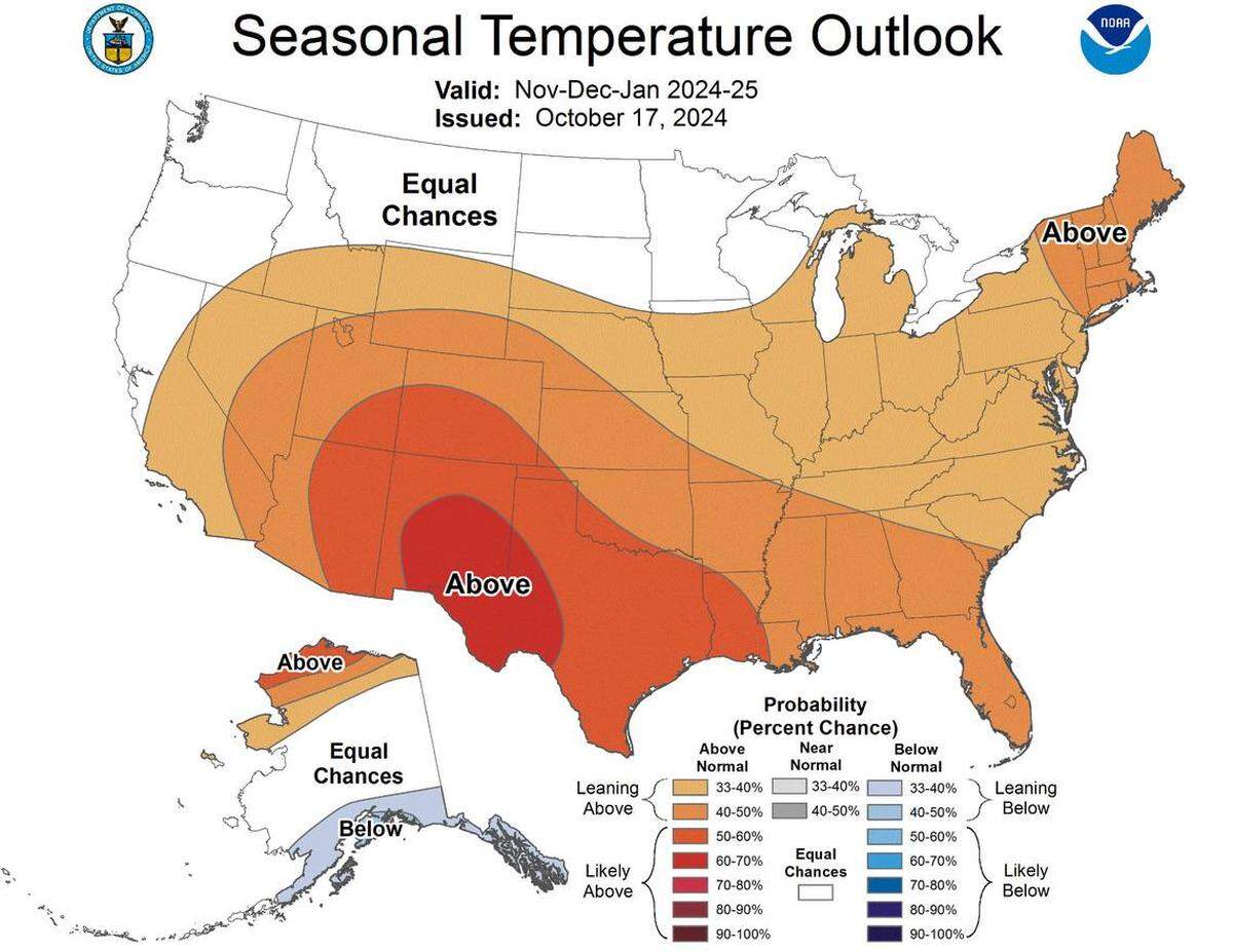 Pennsylvania is expected learn toward observing above-normal temperatures early this winter, according to the most recent outlook published by the Climate Prediction Center.
