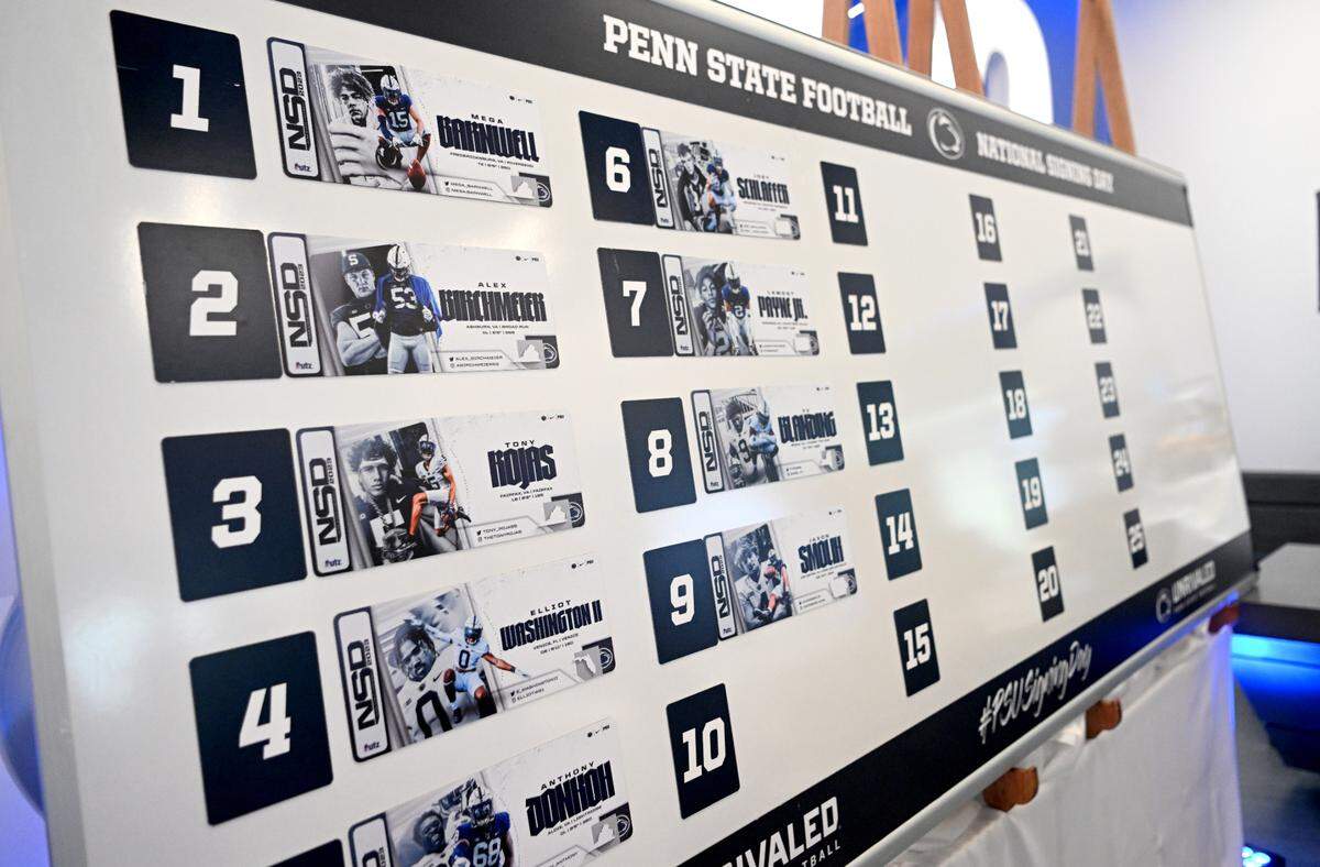 A board featuring the signees during the Penn State National Signing Day celebration at the Lasch Building on Wednesday, Dec. 21, 2022.