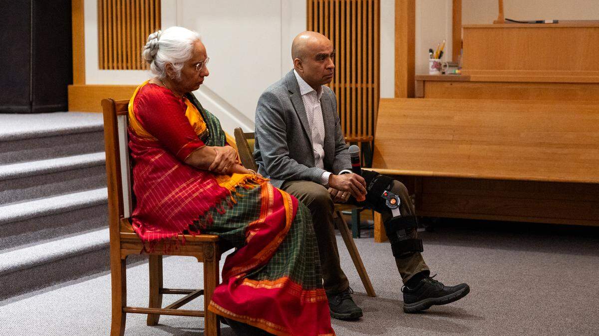 Saraswathi Vedam, left, and Gopal Balachandran, right, answer questions at a screening of the true-crime show “It Couldn’t Happen Here” at University Baptist and Brethren Church in State College, Pa., on Friday, Feb. 27, 2026. Vedam is the older sister of Subramanyam “Subu” Vedam, and Balachandran is his lead defense attorney. Vedam is the focus of the episode after spending more than four decades in prison before his murder conviction was vacated.