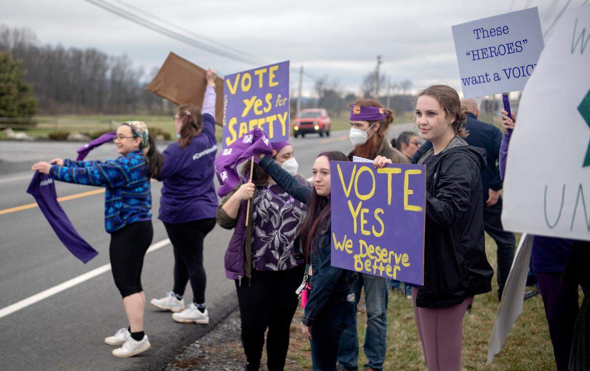Workers from The Meadows Psychiatric Center rally to unionize on Wednesday.