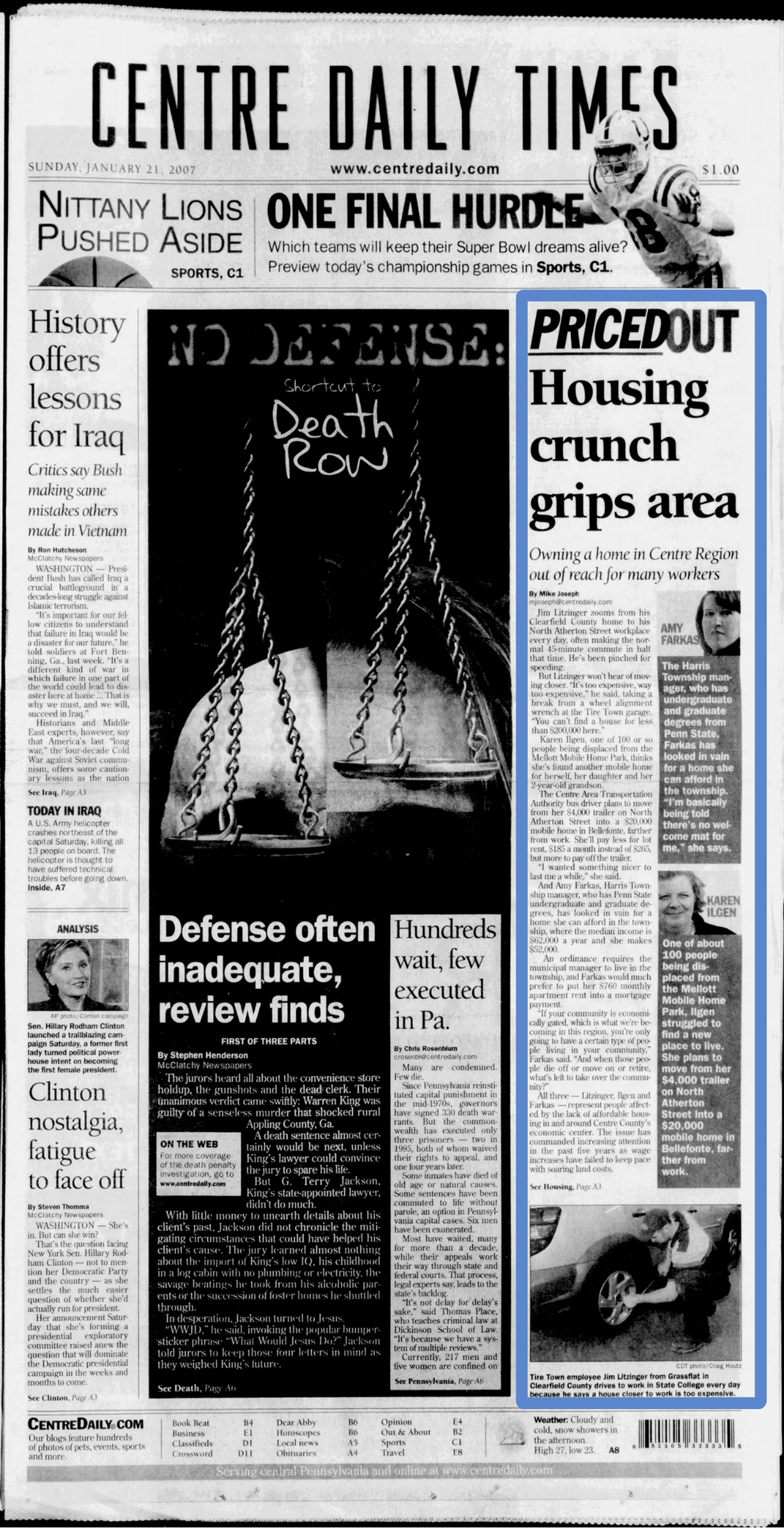The Jan. 21, 2007, issue of the Centre Daily Times examines housing costs in the State College area.