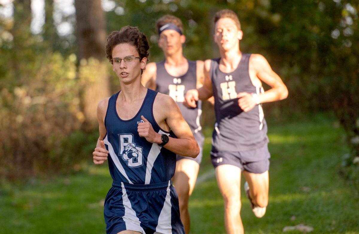 Philipsburg-Osceola’s Chad Muckey leads the pack during the Mountain League cross country championships at Penns Valley on Wednesday, Oct. 20, 2021.
