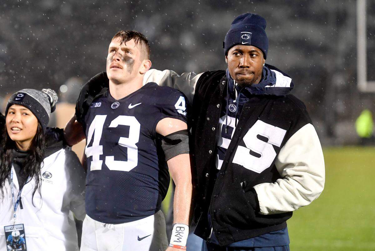 Penn State cornerback Joey Porter Jr. joins his teammates to sing the alma matter after the win over Maryland on Saturday, Nov. 12, 2022.