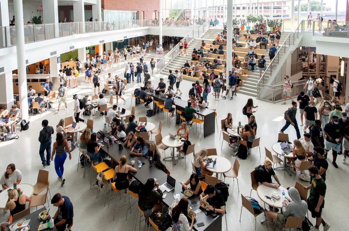 Penn State students gather in the HUB on the first day of classes on Monday, Aug. 23, 2021.