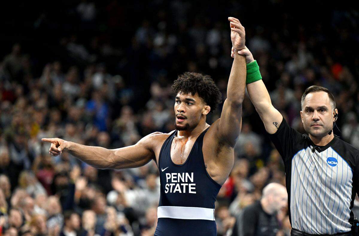 Penn State’s Carter Starocci celebrates his fifth national title after beating Northern Iowa’s Parker Keckeisen in the 2025 NCAA Wrestling Championships at the Wells Fargo Center in Philadelphia on Saturday March 22, 2025.