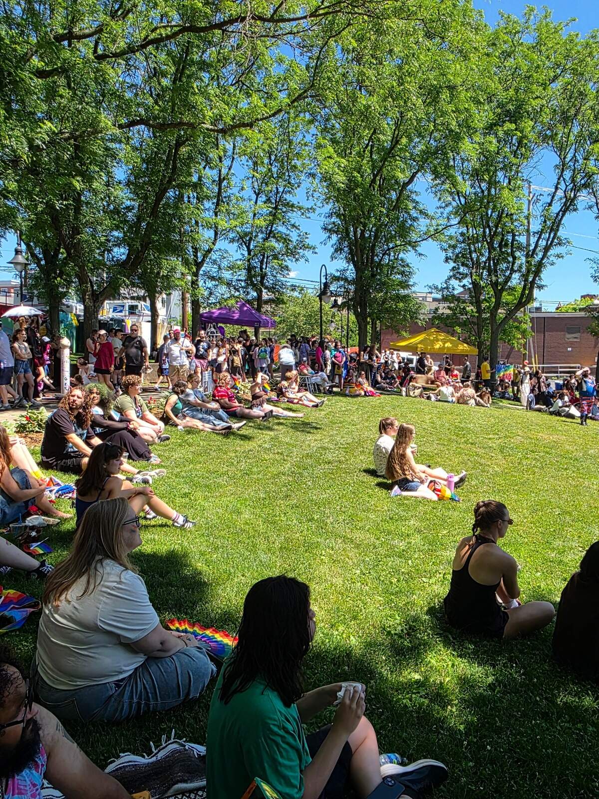 People gather in Sidney Friedman Park for the State College Pride festival on Saturday, June 13, 2026.