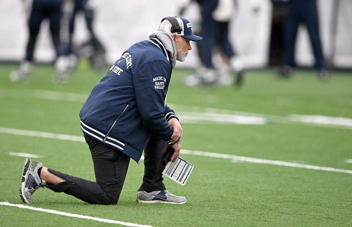 Penn State defensive coordinator Jim Knowles watches players run a drill during practice on Wednesday, Oct. 29, 2025. 