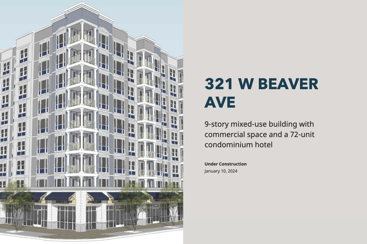 Plans for a nine story mixed-use building with commercial space and a 72-unit condominium hotel at 321 W. Beaver Avenue, State College have been submitted to the State College borough.