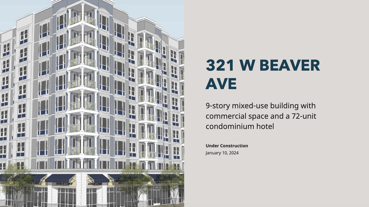 Plans for a nine story mixed-use building with commercial space and a 72-unit condominium hotel at 321 W. Beaver Avenue, State College have been submitted to the State College borough.