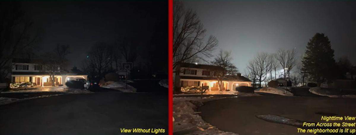 In this screenshot taken from the video presentation of State College resident Ted Reutzel, the difference is shown between the South Track Facility having its 70-foot lights on compared to off.