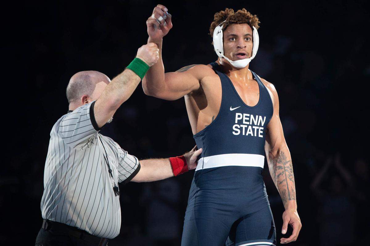 At 285, Greg Kerkvliet celebrates his win over Kevin Zimmer during the dual meet between Penn State and Wyoming on Sunday, Dec. 15, 2024.