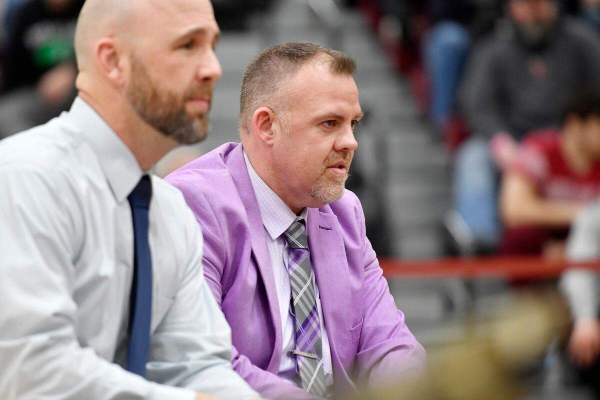 Philipsburg-Osceola wrestling coach Justin Fye watches his team during the District 6 2A tournament on Saturday, Feb. 19, 2022.