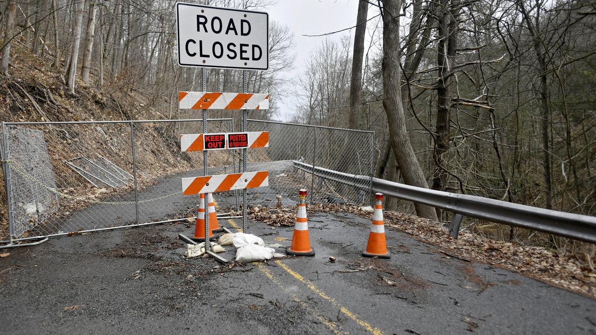 A section of Purdue Mountain Road continues to be closed on April 12, 2018, after flooding in October 2016.