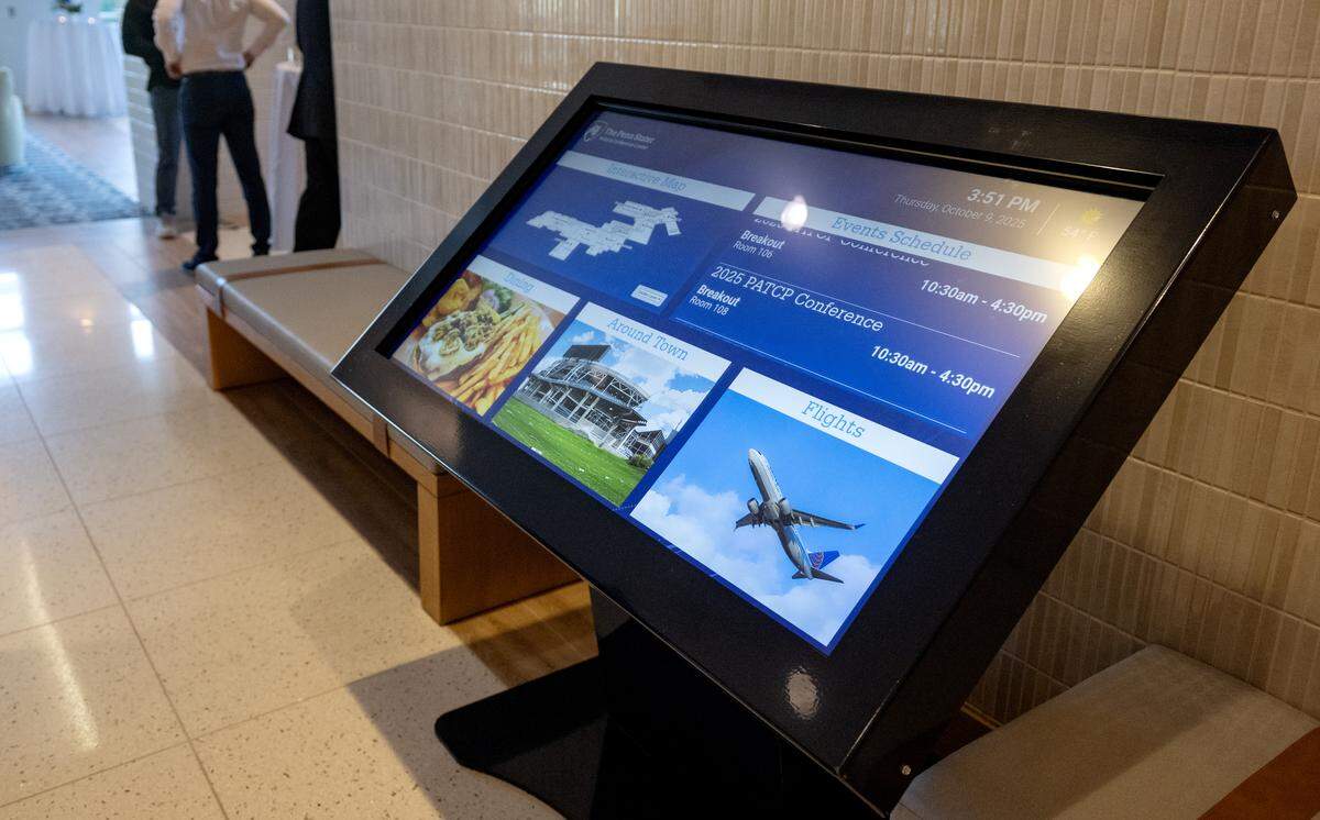 A large digital sign to help direct guests at the Penn Stater Hotel and Conference Center on Thursday, Oct. 9, 2025.  