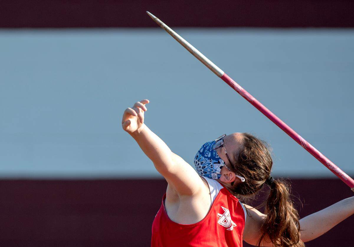 Bellefonte’s Autumn Eyer competes in the javelin at the District 6 3A track and field championships at Mansion Park on Thursday, May 20, 2021.