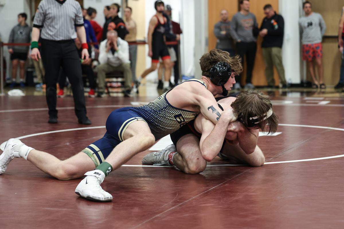 Bald Eagle Area’s Caden Judice controls Meyersdale’s Brenden Schardt in their 145-pounds quarterfinals match of the PIAA Class 2A Southwest Regional Championships on Friday, Feb. 27, 2026 in Altoona. Judice defeated Schardt, 19-3 in 4:59.