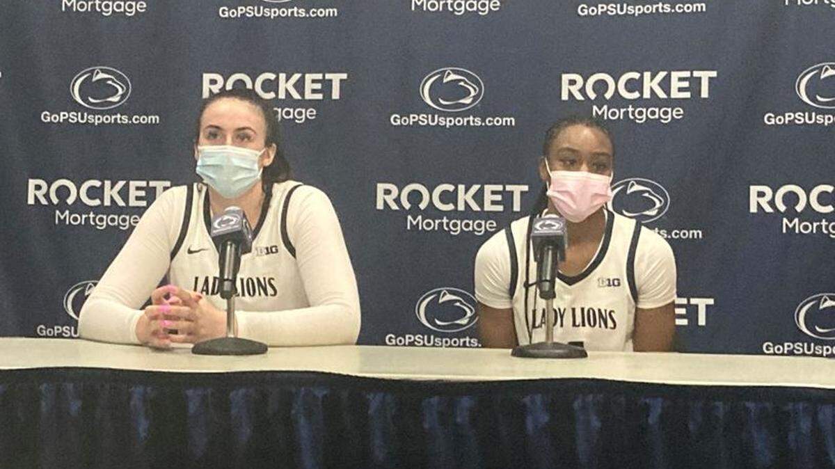 Penn State’s Ali Brigham, left, and Niya Beverley talk to the media after the Lady Lions’ 83-69 win over Rider on Thursday, Nov. 11, 2021.