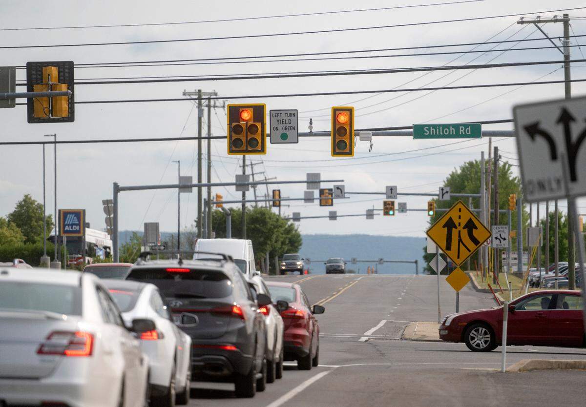 Traffic waits along Benner Pike at the intersection with Shiloh Road on Thursday, June 15, 2023.