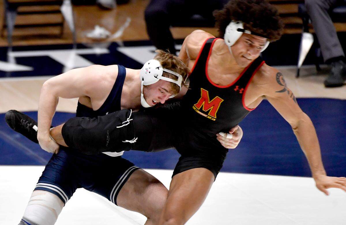 Penn State’s Michael Beard controls Maryland’s Jaron Smith in the 197-pound bout during the match on Monday, Feb. 22, 2021. Beard won by major decision, 13-4.