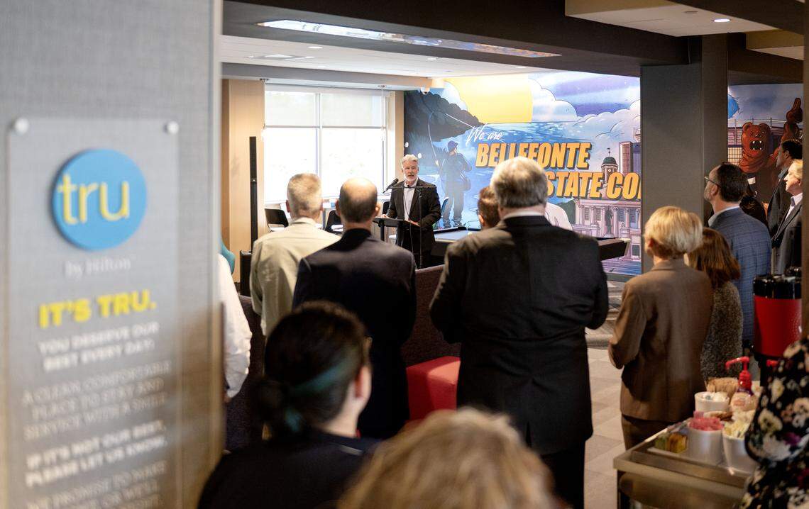 People gather in the lobby of the Tru Hotel by Hilton on Benner Pike to listen to Greg Scott from the CBICC on Wednesday, April 22, 2026.  