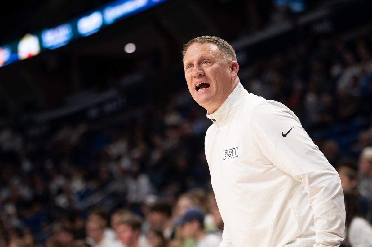 Penn State coach Mike Rhoades reacts after Penn State takes the lead during the basketball game at the Bryce Jordan Center on Nov. 20, 2024. The Nittany Lions won 102-89.