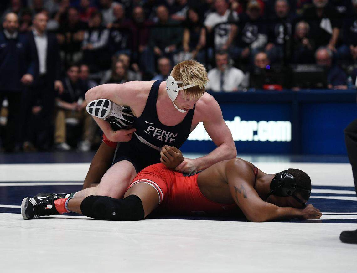 Penn State’s Bo Nickal wrestles Ohio State’s Myles Martin at 184 pounds on Feb. 3 at Rec Hall. Nickal earned a 10-2 major decision to help the Nittany Lions to a 19-18 win.