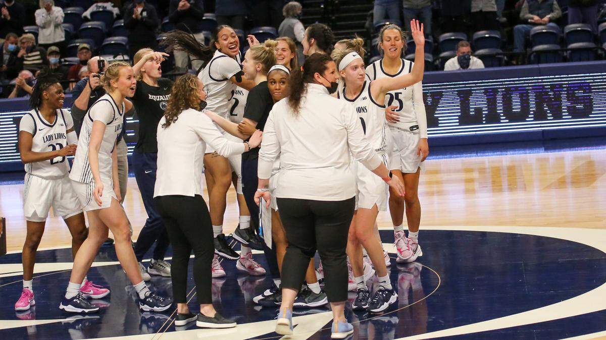 The Lady Lions celebrate their 83-76 win over Nebraska on Thursday, Feb. 17, 2022.