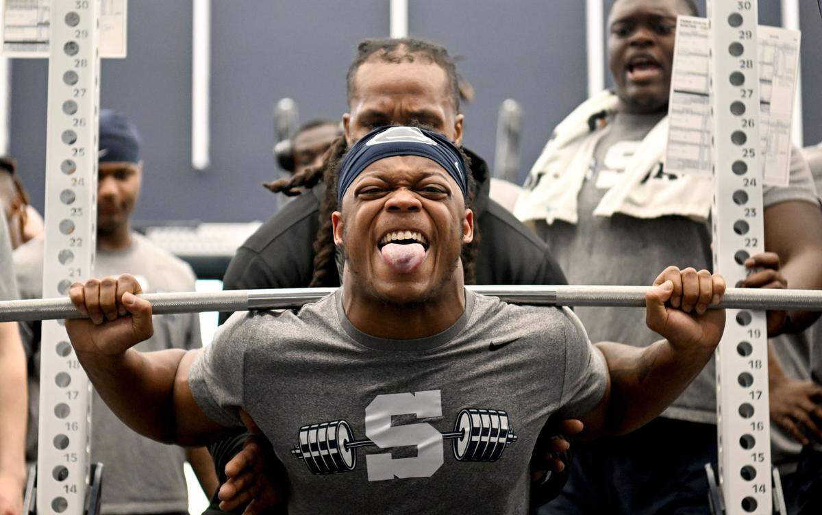 Penn State linebacker Kobe King lifts during a winter workout on Thursday, Feb. 29, 2024.