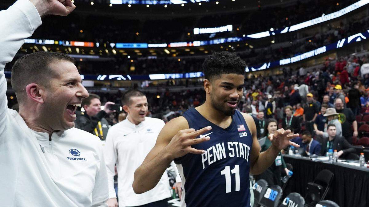 Mar 9, 2023; Chicago, IL, USA; Penn State Nittany Lions guard Camren Wynter (11) celebrates his team’s win against the Illinois Fighting Illini at United Center. Mandatory Credit: David Banks-USA TODAY Sports