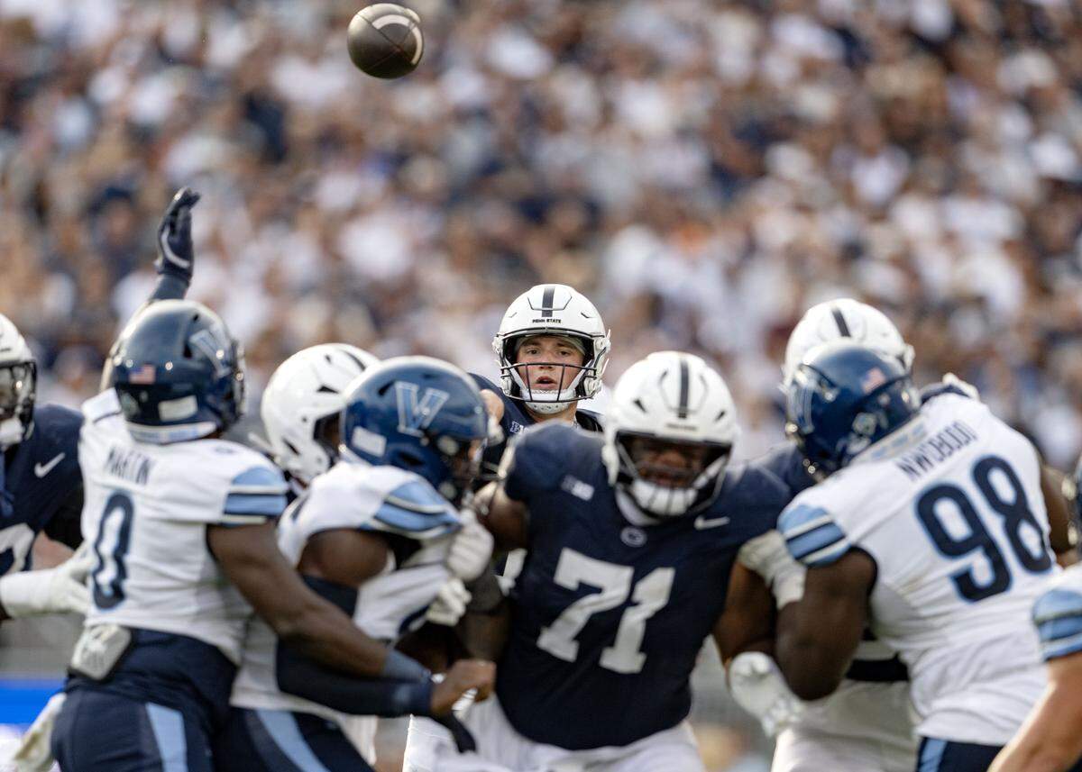 Penn State quarterback Drew Allar makes a pass during the game against Villanova on Saturday, Sept. 13, 2025.  
