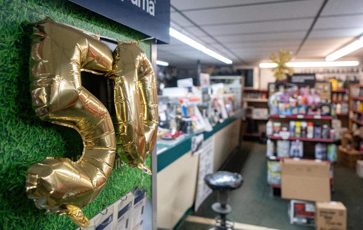 Balloons celebrating 50 years hang in Stoicheff Auto Parts on North Atherton Street on Feb. 9, 2023.