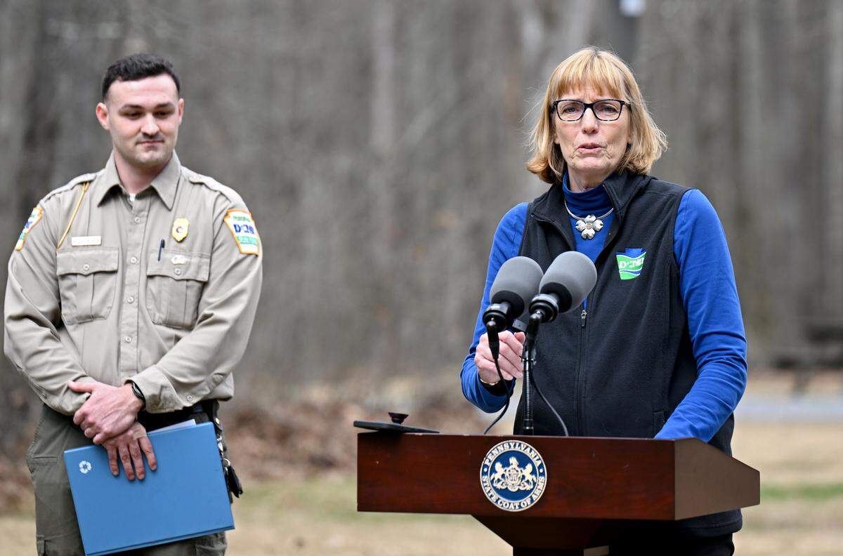 Department of Conservation and Natural Resources Secretary Cindy Adams Dunn talks about the new conservation volunteer system during a press conference on Monday, March 30, 2026 at Black Moshannon State Park. 