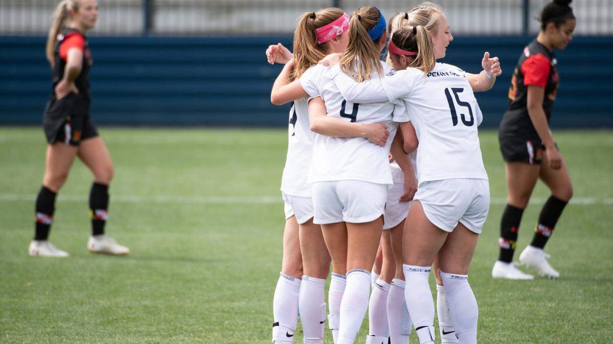 Penn State women’s soccer team celebrates after scoring a goal against Maryland at Jeffrey Field on Saturday, April 3, 2021 in State College, PA. The Nittany Lions defeated the Terrapins 6-0. Penn State beat Indiana, 3-1, on Sunday to advance to the four-team Big Ten Tournament.