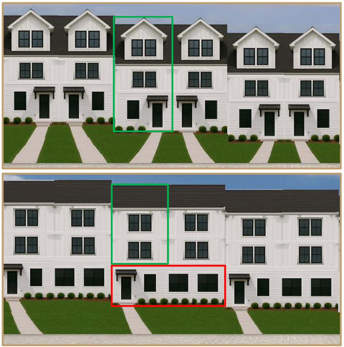 Visuals of the planned University Park Townes townhouses. The top photo is the front view, and the bottom photo is the rear view. The green area represents the 3-story townhome, and the red area represents the short-term/Airbnb unit.
