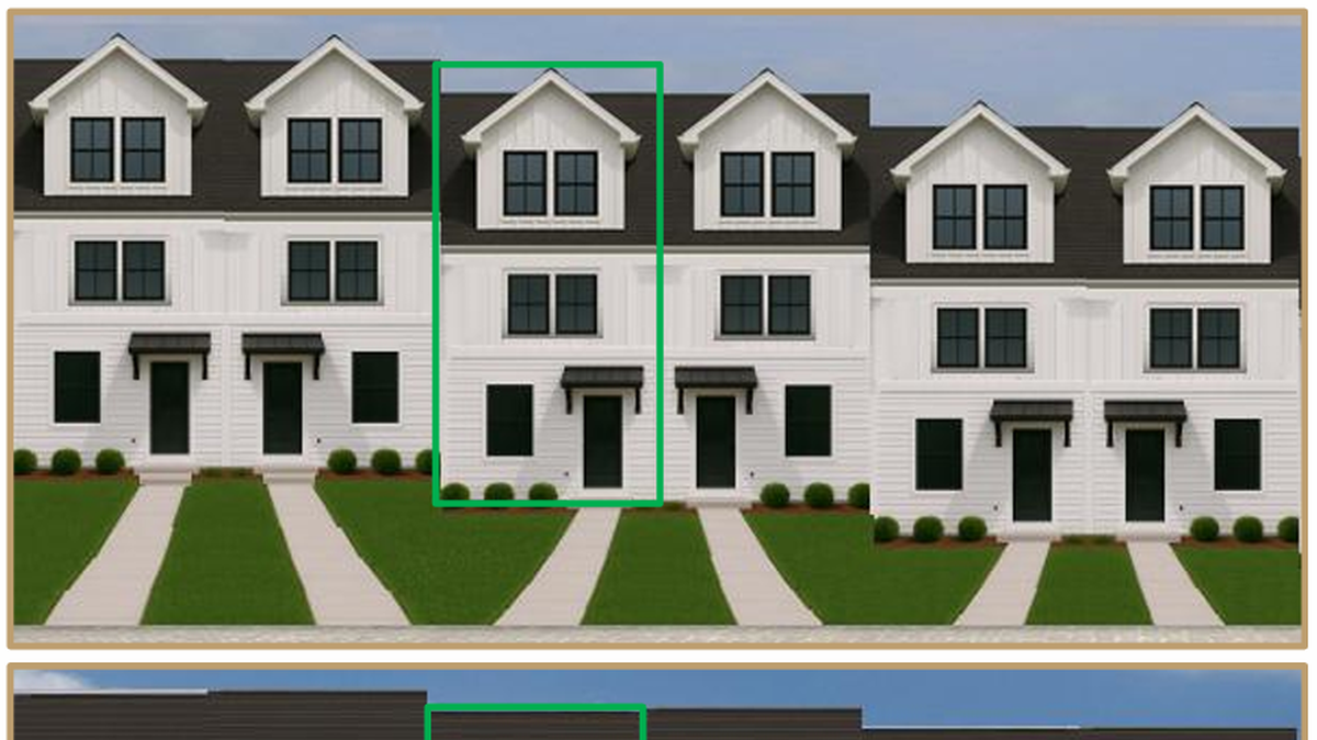 Visuals of the planned University Park Townes townhouses. The top photo is the front view, and the bottom photo is the rear view. The green area represents the 3-story townhome, and the red area represents the short-term/Airbnb unit.