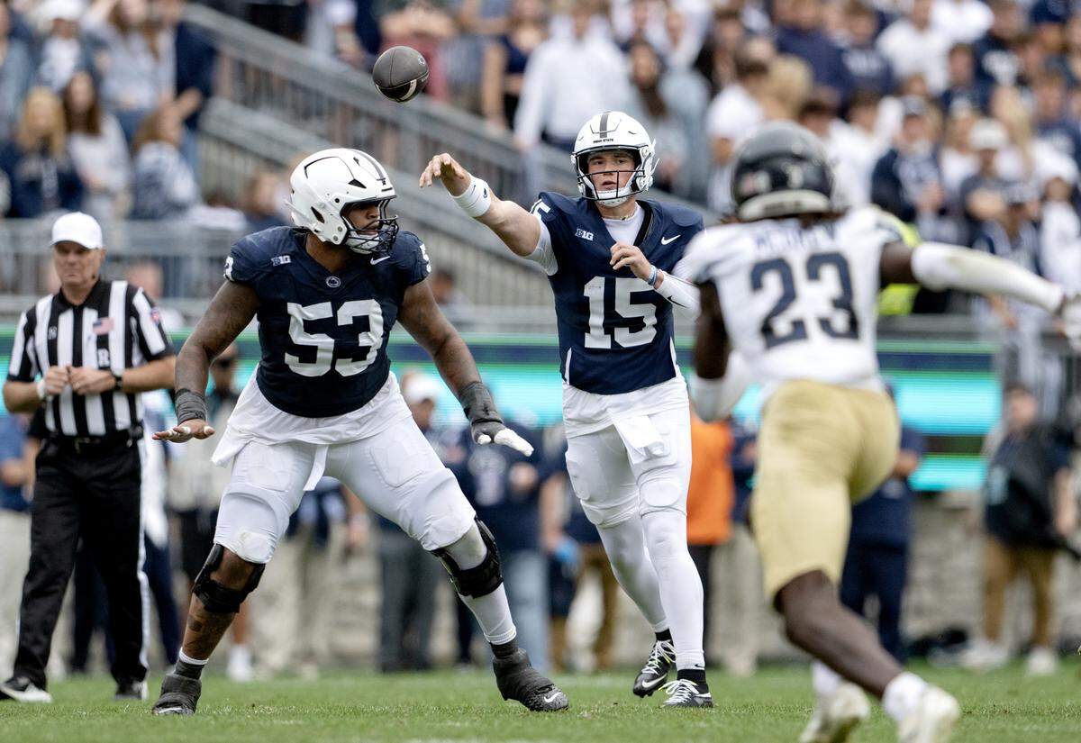 Penn State quarterback Drew Allar makes a pass during the game against FIU on Saturday, Sept. 6, 2025 at Beaver Stadium.  