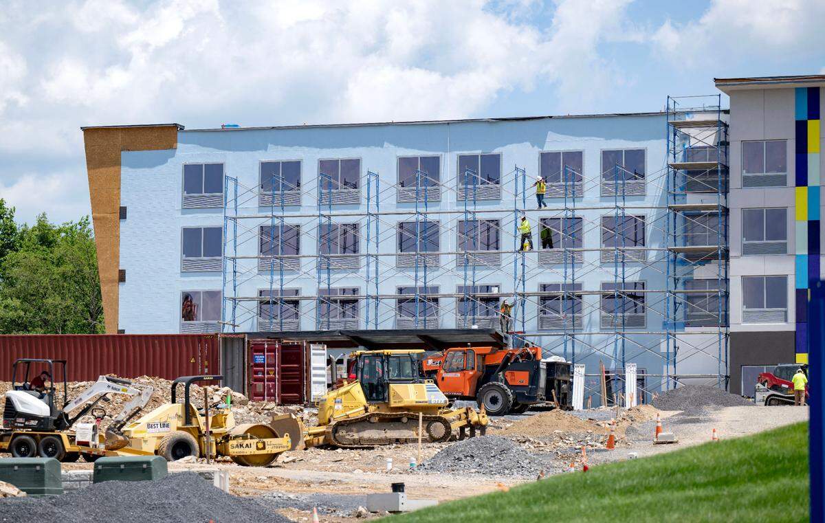 Construction continues at the Tru Hotel by Hilton along Benner Pike on Tuesday, June 24, 2025.