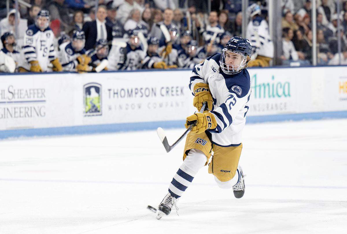 Penn State's Gavin McKenna makes a shot in the first period of the game against Ohio State on Friday, Feb. 20, 2026. McKenna had 1 goal and 7 assists in the game.