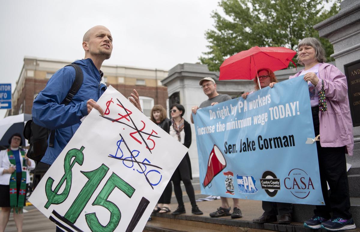 Manuel Rosaldo speaks during the Raise the Wage rally outside of the Centre County Courthouse on Monday.